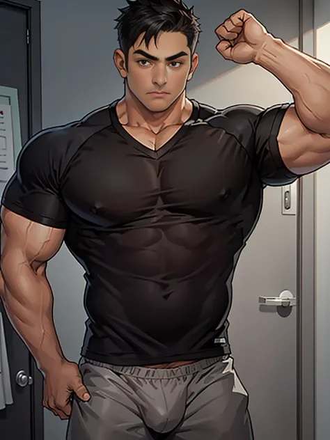 (Masterpiece, Best Quality:1.3), 1Boy, muscluar, side part hairs, Short hair, Black hair, dark brown eyes, (v neck t shirts:1.2), (raglan t shirt:1.2), (grey briefs, low rise briefs:1.2), huge bulge, (Pectoralis major: 1.1), (Mens breasts:1.2), huge chest,...