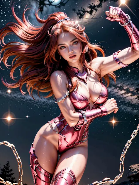 masterpiece, best quality, ultra high res, realistic skin texture, armature, photorealistic, high resolution, raw photo, shiny skin, realistic skin texture, best lighting, sparkle, dramatic lighting, dynamic pose, Greek temple background, night sky, cosmos...