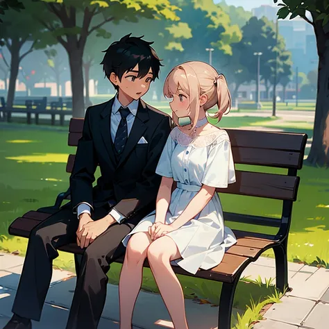 a boy and a girl sitting on a bench