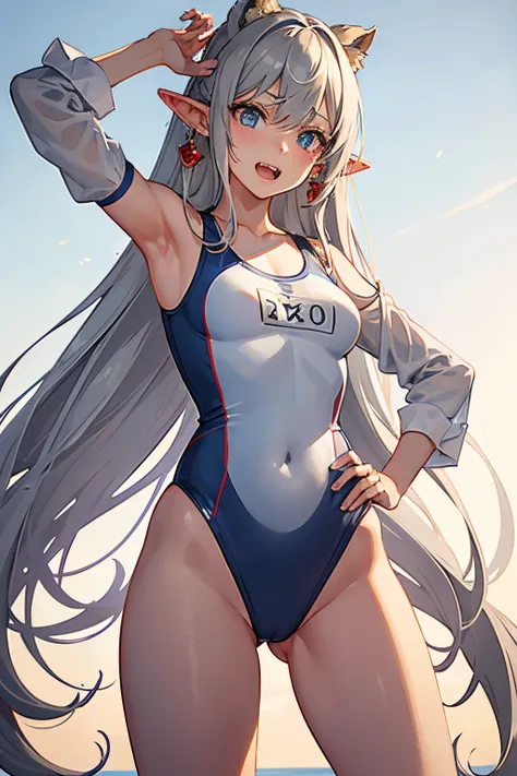 1girl, bangs, blush, breasts, cowboy shot, earrings, elf, eyebrows visible through hair, fangs, gradient, gradient background, grey hair, hair between eyes, hand on hip, long red hair, looking at viewer, one-piece swimsuit, open mouth, pointy ears, red eye...