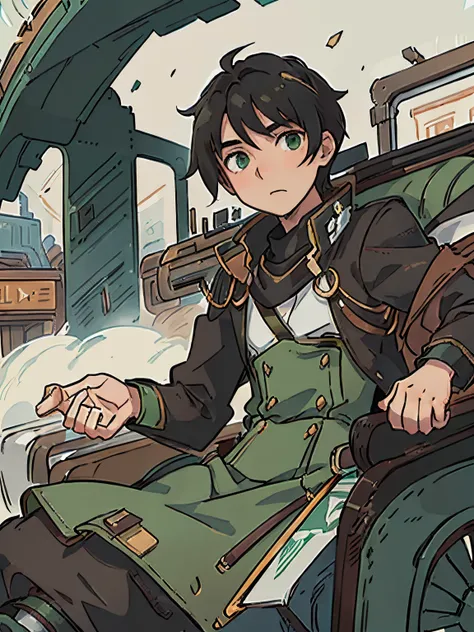 Guy, 19 years old, green eyes, black hair, Inside a carriage, sitting on a seat, dynamic pose, camera from below, trading card game art