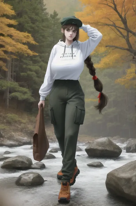 18 years old, American girl, (young:0.8), Alexandra Daddario, sad, fit, fully clothed, (tall:1.3), big head, (very long hair:1.3), low ponytail, sfw, 1 girl, hanging breasts, (massive enormous gigantic colossal breasts:1.3), hiking over rocks, walking, aut...