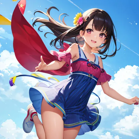 photographrealistic, (masutepiece,Best Quality:1.4),(8K,Raw photo,photographrealistic:1.2), Detailed skin,Detailed face,1girl in,Japanese Idol,Cute face, Black hair,slender, shiny eyes, Smile, BREAK Cute casual tunic dress, Colorful mini dresses, (Jump hig...