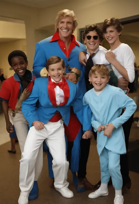 A photo of Lloyd dressed as a superhero, posing with a group of kids at a childrens hospital.,Dumb and Dumber,In terms of appearance, Lloyd is noted for his bowl-cut hairstyle, a toothy grin with a prominent chipped front tooth, and a penchant for quirky, ...