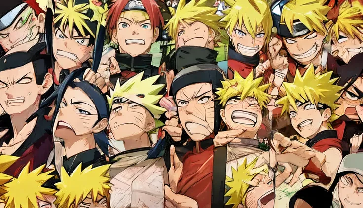 cartoon of a group of people with different expressions on their faces, anime screenshot, from naruto, pain from naruto, anime style”, anime fight, cel shaded anime, style of madhouse anime, anime cgi style, akatsuki akira, joker as naruto, joker looks lik...