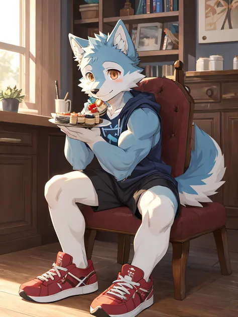 furry , bara ,light blue wolf,blue pattern,Dark orange eyes,Slight muscles,,Try fashionable sneakers,cute face,Shy face.,Sitting in the room eating cake,Shota