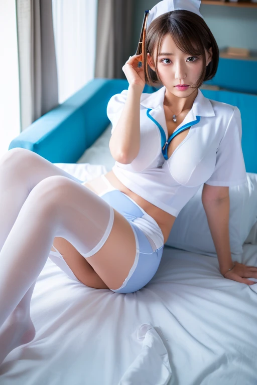 Nurse、White Uniform、a miniskirt、pantyhose、blue undergarments、Colossal tits、Very delicate skin、I can see the cleavage