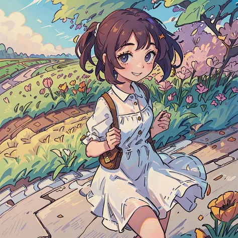 Only one girl, 1girl, wearing a summer dress, at tulip field, smile, carry a handbag