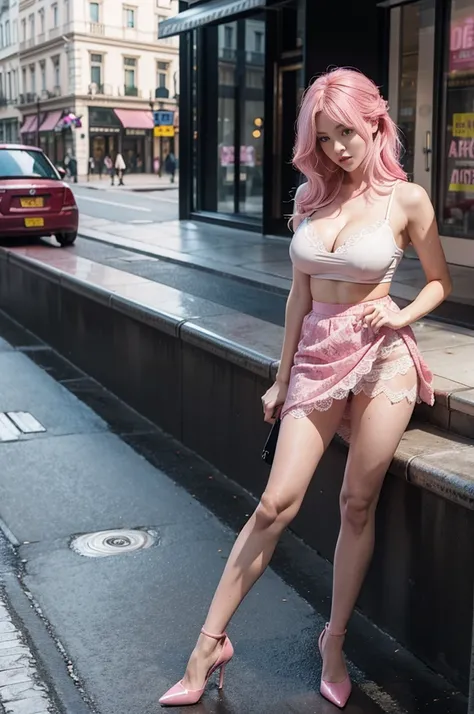 sexy woman, big breasts, slim, pink hair, long legs, full body, you can see her feet, pink heels, lifting her skirt, on the street, view of pink panties with black lace, with many people watching, embarrassed