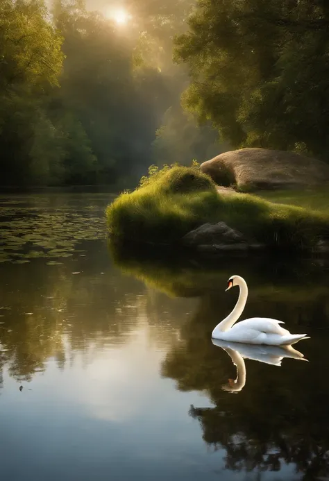 An image of Saeval sitting by a tranquil pond, her hands glowing with healing magic as she tends to a wounded swan, its feathers shimmering with renewed vitality.,original,Saeval Daeybreak has pointy elf ears, his hair is silver and he has a goatee. Saeval...