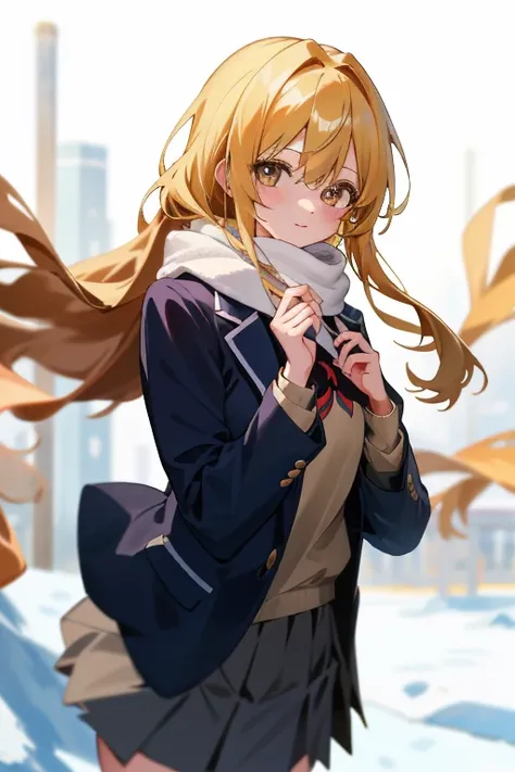 (8K、top-quality、top-quality、​masterpiece、ighly detailed: 1.2)、女の子 1 人、The whole of the body、femele、Im looking cold、kou、at noon、Winters、 frontage、blonde  hair、a blond、he is wearing a blazer、Winding muffler、hands on the muffler、muffler、in school uniform、Pupi...