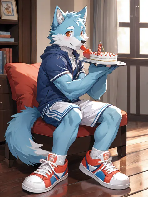 furry , bara ,light blue wolf,blue pattern,Dark orange eyes,Slight muscles,,Try fashionable sneakers,cute face,Shy face.,Sitting in the room eating cake,Shota(Maximum resolution)