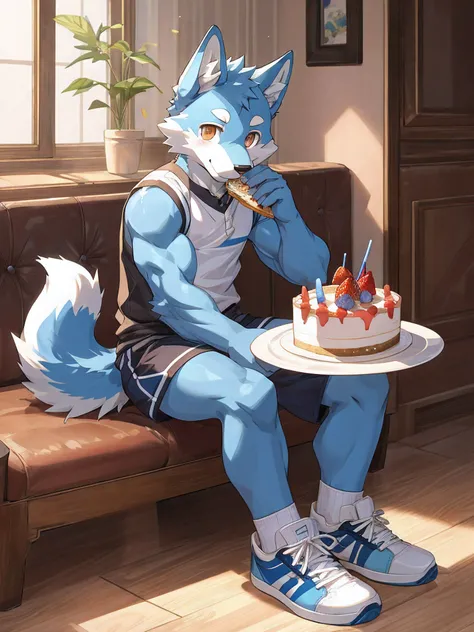 furry , bara ,light blue wolf,blue pattern,Dark orange eyes,Slight muscles,,Try fashionable sneakers,cute face,Shy face.,Sitting in the room eating cake,Shota(Maximum resolution)