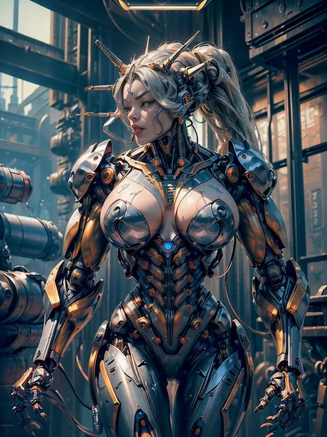 (beautiful cyborg queen:1.5), (robotic mechanical physique:1.5), (1 super muscular cyborg demoness:1.5), (covered in cables and mechanical muscles:1.5), (android muscular anatomy:1.5), (perfect fingers:1.25),(8k, RAW photo, photorealistic:1.25), sci fi atm...