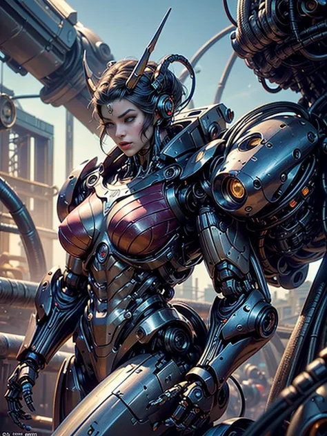 (beautiful cyborg queen:1.5), (robotic mechanical physique:1.5), (1 super muscular cyborg demoness:1.5), (covered in cables and mechanical muscles:1.5), (android muscular anatomy:1.5), (perfect fingers:1.25),(8k, RAW photo, photorealistic:1.25), sci fi atm...