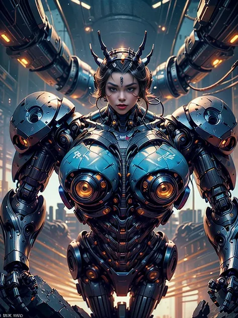 (beautiful cyborg queen:1.5), (robotic mechanical physique:1.5), (1 super muscular cyborg demoness:1.5), (covered in cables and mechanical muscles:1.5), (android muscular anatomy:1.5), (perfect fingers:1.25),(8k, RAW photo, photorealistic:1.25), sci fi atm...