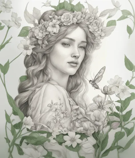 botanical illustration, delicate details,
botanical accuracy, naturalistic poses, soft lines, whimsical charm,
detailed pencil sketching, realistic shading, serene, enchanting,
flower fairies, nature-inspired characters, HD, 8k