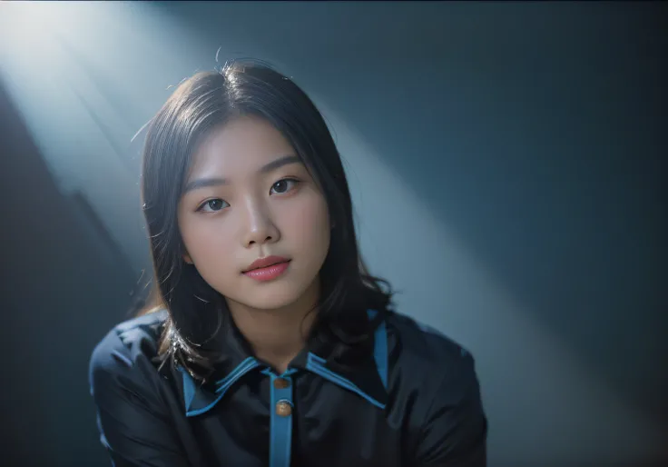 ((masterpiece), (best quality), (raw photo), (photorealistic:1.4), Highly realistic photo, Portrait of a 25 year old Vietnamese young woman, shirt, black hair,The light from above shines down, (dark blue background), photo taken in 1975 by Fujifilm XT3