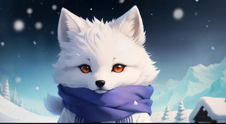 Style-NebMagic, Portrait of a cute furry little arctic fox in the snow，Wear a scarf made from Style-SylvaMagic, Ismail Inoglu, antelope, JamesJean, Anton Fadeev and Yoshitaka Amano, The is very detailed, 8K分辨率, number art, Hot topics on artstation, vibrant...