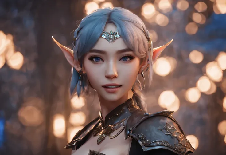 young women elf, face is the most beautiful female star in asia, hair blue to shave, unreal engine 5 rendered, 8k resolution, big smile, armor short black