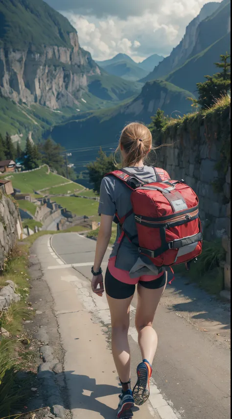 8k, top-quality, （pubic hair beauty）、hight resolution, 逼真, realperson, A beautiful, muscular woman carries a large amount of luggage on her back with special equipment as a job on a beautiful mountain road in the Alps.、((I&#39;m desperately rushing and run...