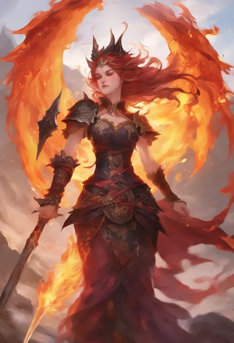 One in costume、Close-up of a woman holding a sword, Black fire reflective armor, lava show dress, Cloaked on the ragged plains, Potion Belt, Use raging flames, ornate flowing robes, appears as the fire goddess, JPEG artifacts are severely blurry, ornate bi...