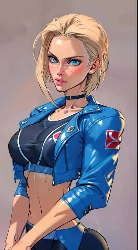 drawing of cammy_white , cammy sf6,1girl ,solo ,  bang , scar on cheek ,blonde hair , blue eyes, short hair, sports bra, jacket ...