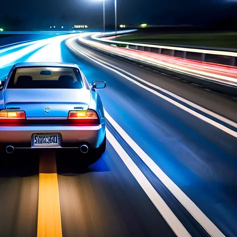 A car driving on the highway in the night