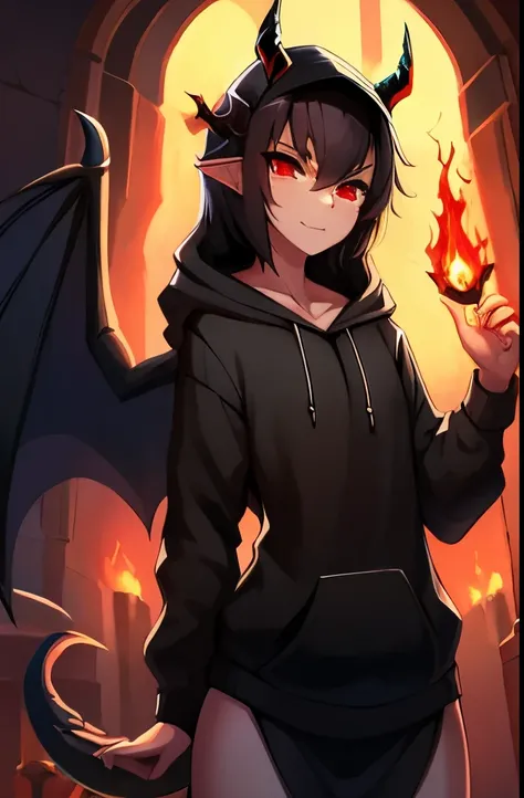 red eyes, dark hair, black cloth, hoodie, slim lezard tail, black wings, dragon horns, black fire in hand, male but slightly feminine,