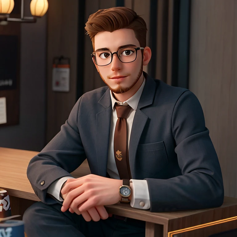 A young white man, 20 years old, wearing glasses with a well-defined low beard in his advertising desk office wearing an brown t-shirt with the company icon of logo present on vase of plant behind, disney pixar style, high quality, best quality