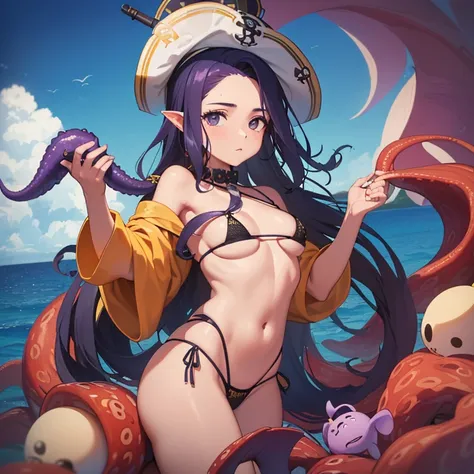 ((1 mulher pirata, peito nu, buceta molhada de porra)),((tentacles open and wrapped around its body, just a tentacle coming out of her eios enormes)),((seios eretos)),(( buceta com muitos pelos pubianos)),((purple tentacle hair)),((olhos verdes, sorrir)),(...