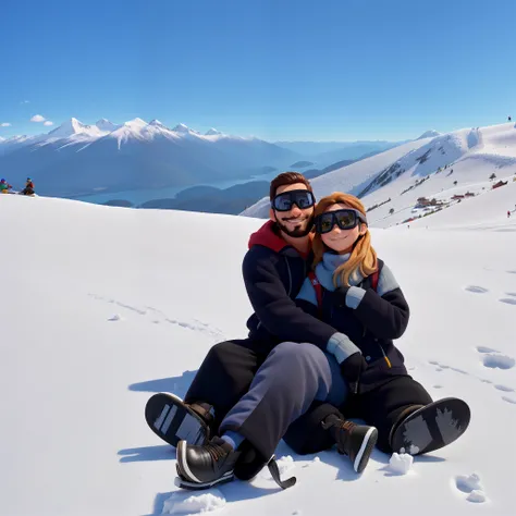 um casal (homem de cabelo preto curto e barba feita curta com mulher branca loira) in ski clothes and ski goggles, sitting hugging each other in the snow with landscapes of the Andes mountain range, alta qualidade, melhor qualidade