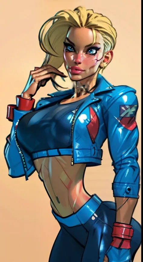 drawing of cammy_white , cammy sf6,1girl ,solo ,  bang , scar on cheek ,blonde hair , blue eyes, short hair, sports bra, jacket ...