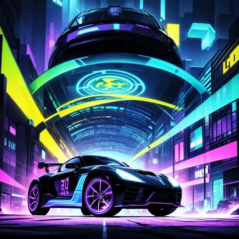 BlackLight Art, black light art, UV sensitive, silhouette of a sports car on a metropolis street, Psychedelic, tmasterpiece