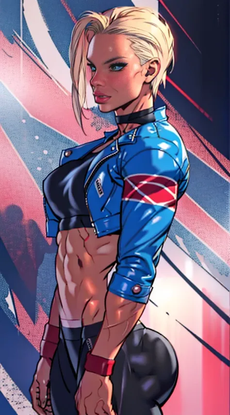 drawing of cammy_white , cammy sf6,1girl ,solo ,  bang , scar on cheek ,blonde hair , blue eyes, short hair, sports bra, jacket ...