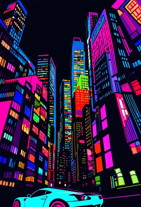 BlackLight Art, black light art, UV sensitive, silhouette of a sports car on a metropolis street, Psychedelic, tmasterpiece