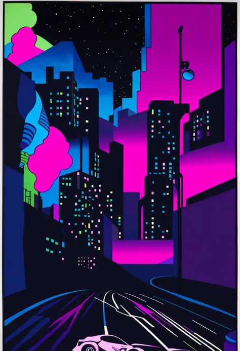 BlackLight Art, black light art, UV sensitive, silhouette of a sports car on a metropolis street, Psychedelic, tmasterpiece