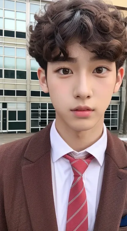 Korean high school boy , he is a handsome boy  wearing a red school uniform,big eyes with curly eyelashes and hazel colored eyeballs, a sharp nose, and pink lips, he has short, straight hair he doesnt have curly hair