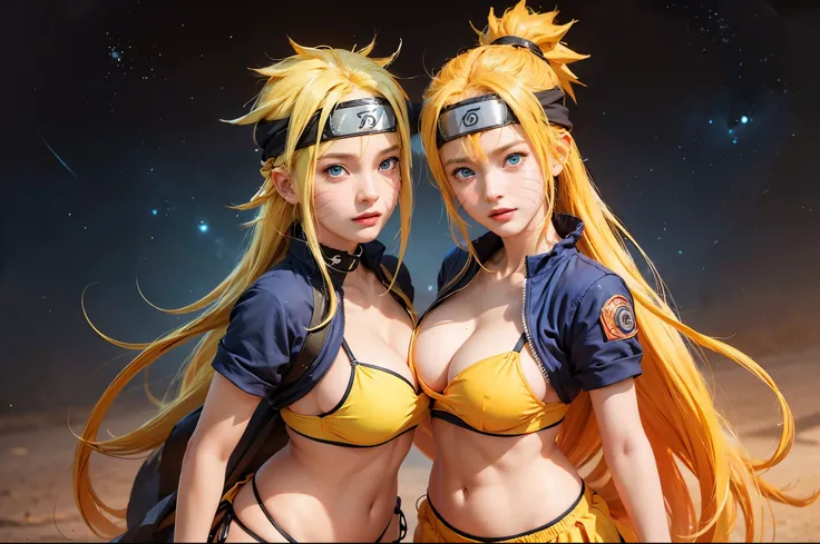 generate Naruto from naruto anime, best quality, masterpiece,so manygirl, (yellow hair), smile, raytracing, ultra detailed, 8k wallpaper, wide hips, tsundere face, large breast, ninja headband. (long hair:1.1),yellow hair, ((blue eyes)), looking at viewer,...