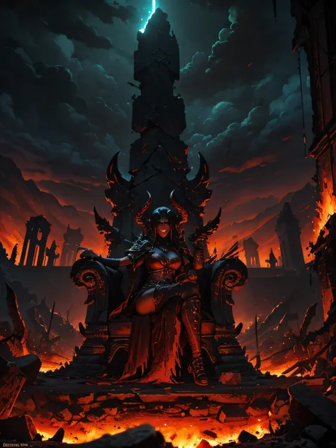 (((facing us))) demonic woman sitting with her legs apart on a small throne of bones, Pele vermelha, armadura de pedras e lava, bored expression, night apocalyptic scenery background, some ruins of a destroyed city, chaotic sky in brown tones, amarelo e ve...