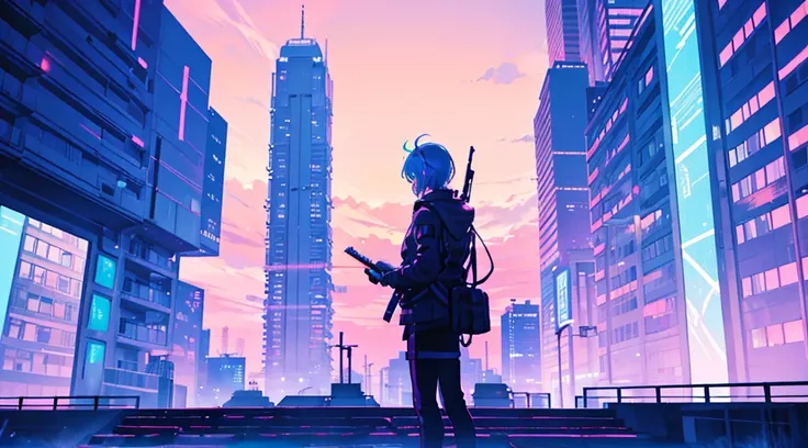 building silhouette, glowing blue color, pink sky, cyber punk