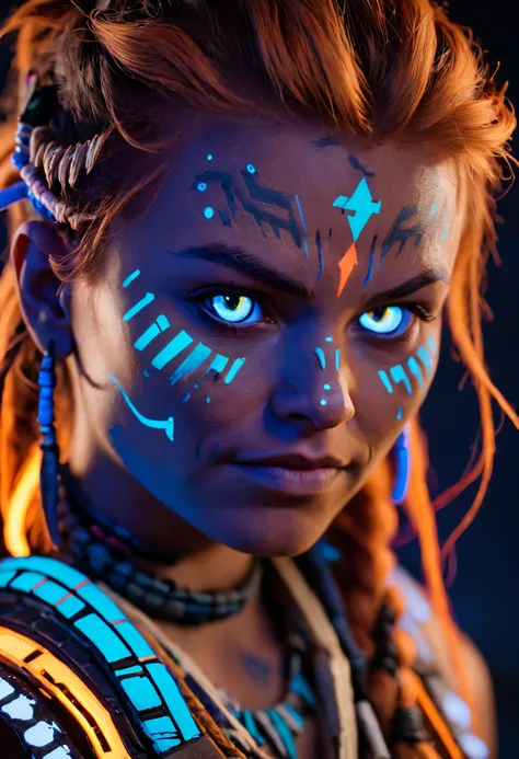 Blacklight painted on Aloys face, Aloy is a fictional character and protagonist of the 2017 video game Horizon Zero Dawn, closeup blacklight