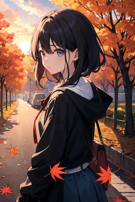 Anime manga girl、back shadow、Autumn streets、Street side、cabelos preto e longos、The autumn breeze blows、The hair was blown up、see it through your fingers、Being in love、Autumn trees、falling leaf、the setting sun、glory of sunset、An atmosphere of sadness