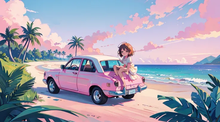 blue sand beach, pink sky, palm tree, white classic car