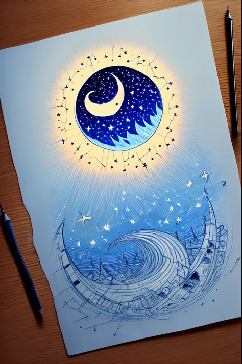 A AI drawing.The background should contain variants of blue coloured sky with a stars and a crescent moon.