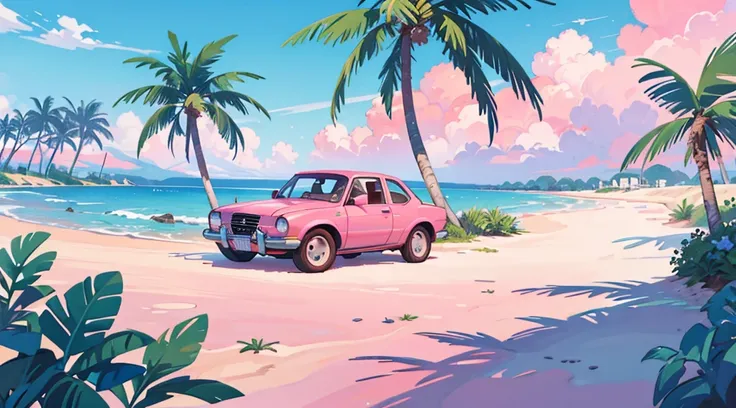 blue sand beach, pink sky, palm tree, classic car