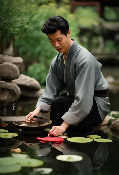 A photo of the character practicing traditional Chinese calligraphy by a tranquil koi pond,original,he is rick astley, male