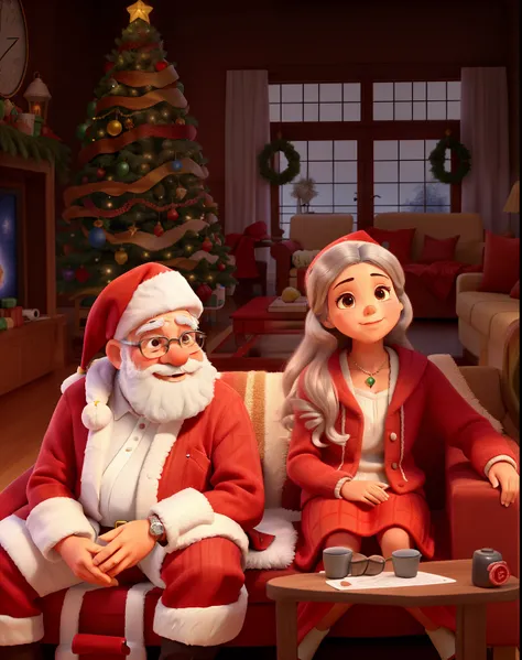 Um velho papai noel segurando seu saco vermelho e uma mulher adulta com presentes embrulhados em sua frente, sitting on a couch, em uma sala de estar iluminada pela luzes de enfeite de natal, personagens animados, estilo pixar, alta qualidade