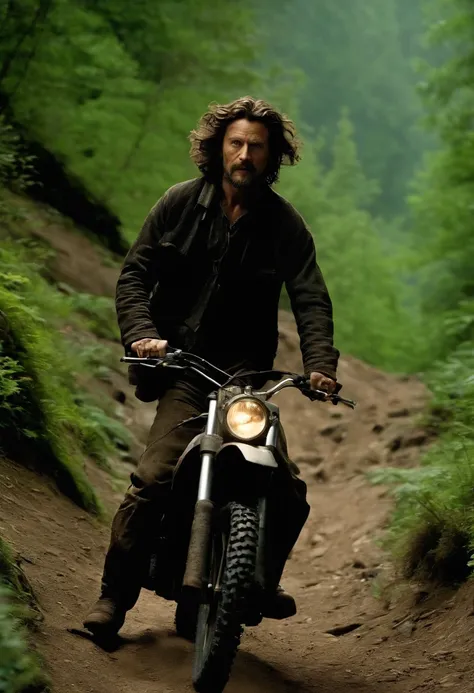 A video of Sirius riding a dirt bike through a rugged mountain trail,Harry Potter and the Prisoner of Azkaban,Sirius Black is tall, with shaggy curly brown hair, has a goatee. Has tattoos over his body. Famously portrayed by Gary Oldman, male