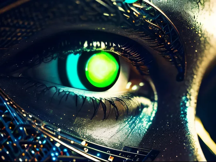 Photo of a cyborg with intricate patterns in his eyes., reminiscent of the universe. (Best Quality, hight resolution, Masterpiece:1.2), Ultra-detailed, Realistic:1.37, Sci-Fi, bright colours, Space lighting, Metallic texture, intricate circuitry, futuristi...